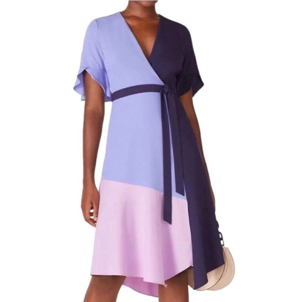 Hutch Colorblock Wrap Midi Dress Navy Blue Pink Ruffle Sleeve Style 10057 Size M